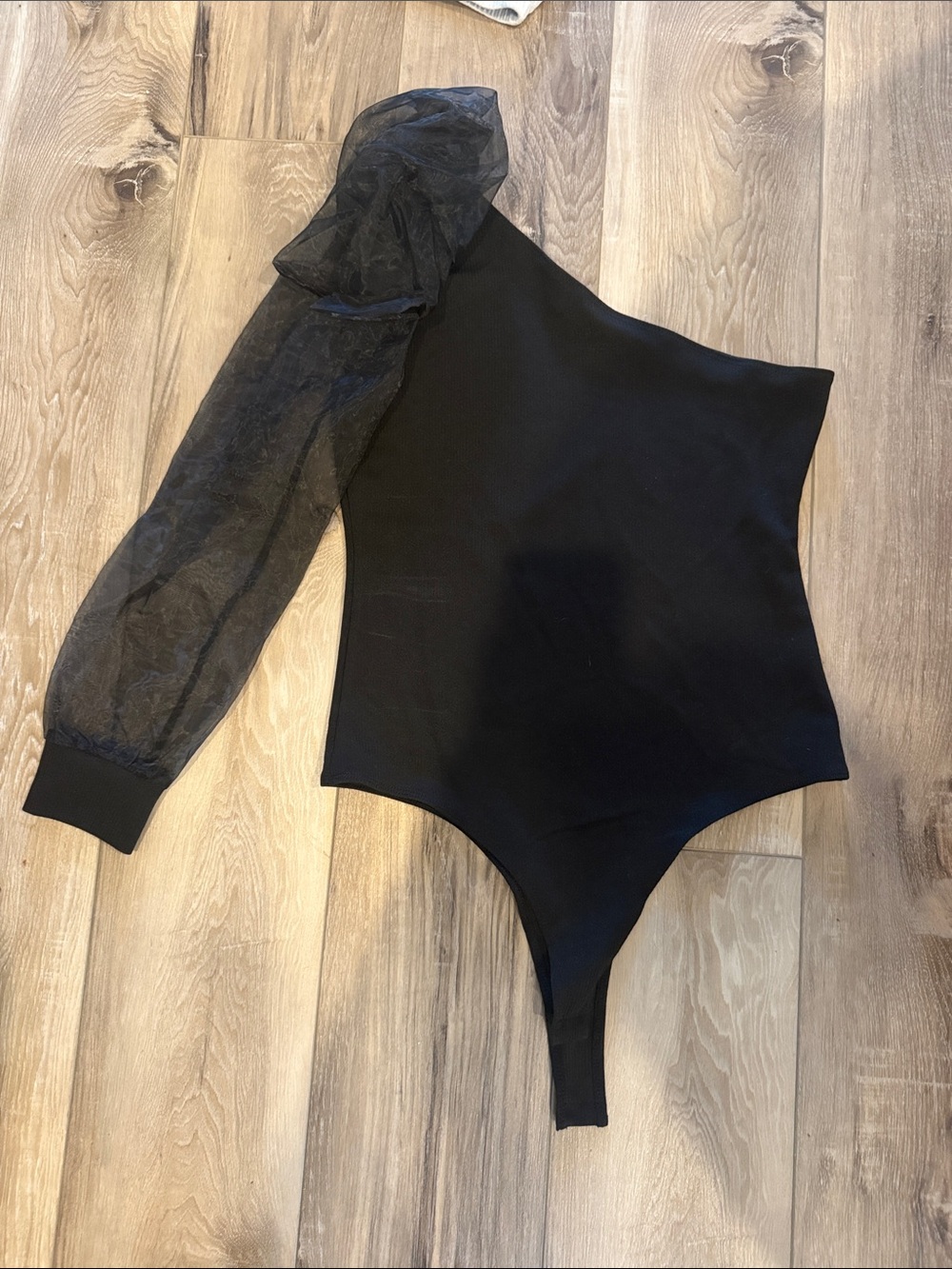 Black One-Shoulder Sheer Sleeve Bodysuit for Kids